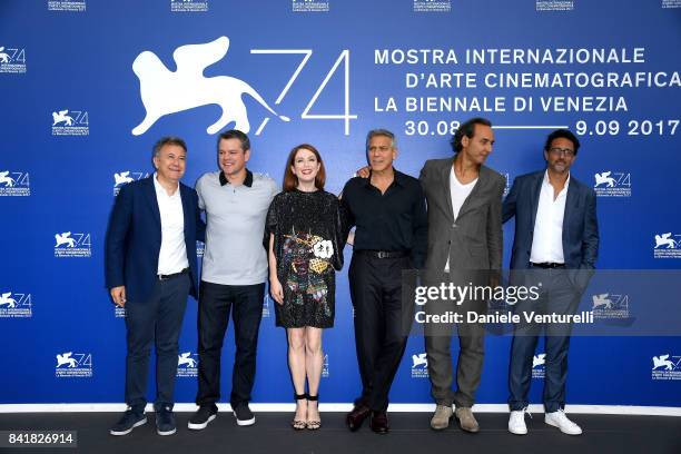 Paolo Del Brocco, Matt Damon, Julianne Moore, George Clooney, Alexandre Desplat and Grant Heslov attend the 'Suburbicon' photocall during the 74th...