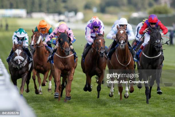 Shane Kelly riding Justice Lady win The Betfinder By Betbright Handicap Stakes at Sandown Park racecourse on September 2, 2017 in Esher, England.