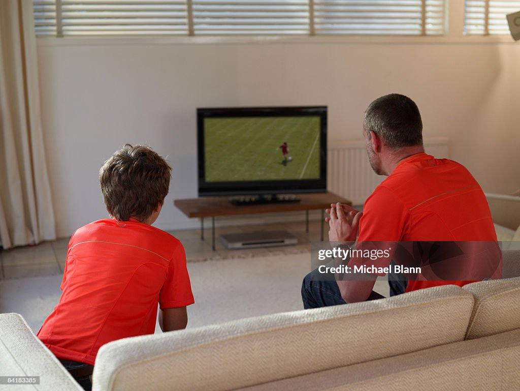 Father and son watching sport on TV at home