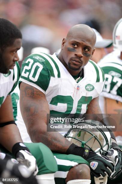 Running back Thomas Jones of the New York Jets on the sidelines against the San Francisco 49ers during an NFL game on December 7, 2008 at Candlestick...