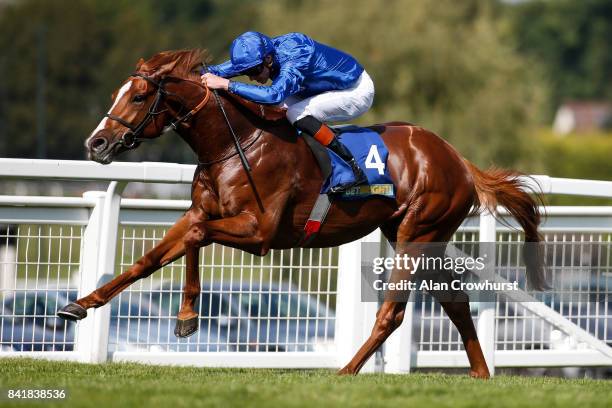 James Doyle riding Masar win The BetBright Solario Stakes at Sandown Park racecourse on September 2, 2017 in Esher, England.