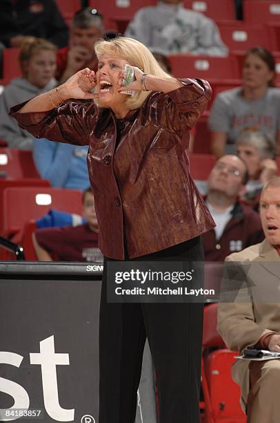 Sharon Fanning, head coach of the Mississippi State Bulldogs, calls out during a college basketball game against the Marshall Thundering Herd on...