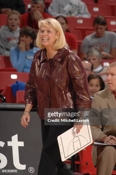 Sharon Fanning, head coach of the Mississippi State Bulldogs, reacts during a college basketball game against the Marshall Thundering Herd on...