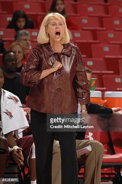 Sharon Fanning, head coach of the Mississippi State Bulldogs, calls out during a college basketball game against the Marshall Thundering Herd on...