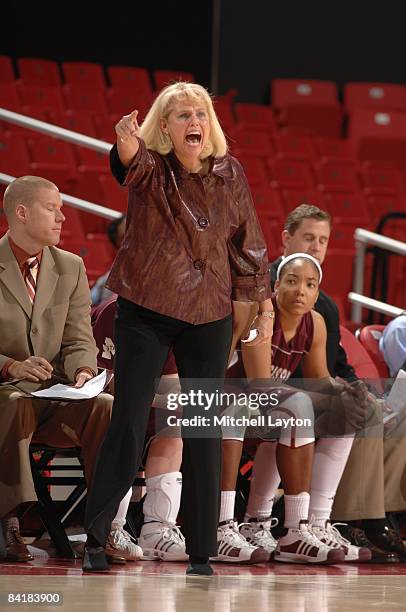 Sharon Fanning, head coach of the Mississippi State Bulldogs, reacts during a college basketball game against the Marshall Thundering Herd on...