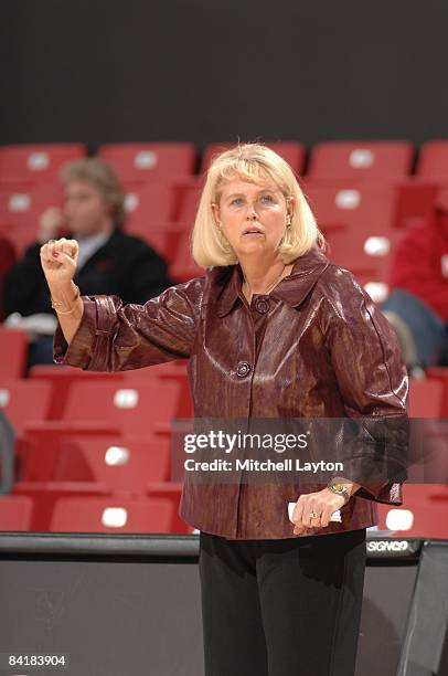 Sharon Fanning, head coach of the Mississippi State Bulldogs, signals during a college basketball game against the Marshall Thundering Herd on...