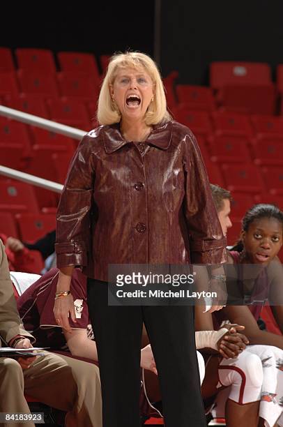 Sharon Fanning, head coach of the Mississippi State Bulldogs, calls out during a college basketball game against the Marshall Thundering Herd on...