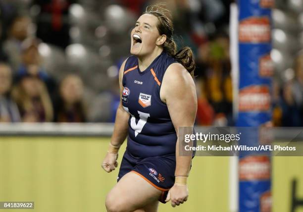 Sarah Perkins of Victoria rues a missed shot on goal during the AFL Women's State of Origin match between Victoria and the Allies at Etihad Stadium...