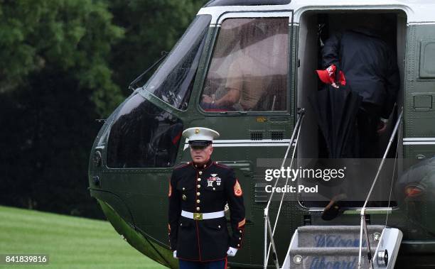 President Donald Trump boards Marine One prior departure from the White House September 2, 2017 in Washington, DC. The President and first lady are...