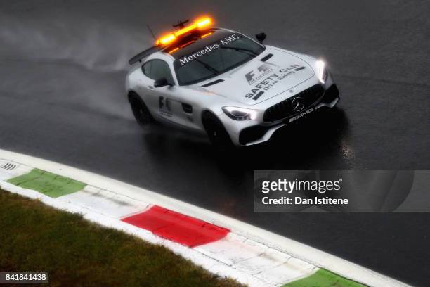 The Safety Car drives on track during a rain delayed qualifying for the Formula One Grand Prix of Italy at Autodromo di Monza on September 2, 2017 in...