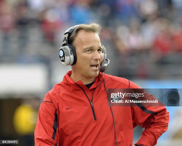 Coach Mark Richt of the University of Georgia directs play against the Michigan State Spartans at the 2009 Capital One Bowl at the Citrus Bowl on...