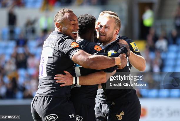 Dan Robson of Wasps celebrates scoring a try during the Aviva Premiership match between Wasps and Sale Sharks at The Ricoh Arena on September 2, 2017...