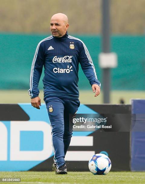 Jorge Sampaoli coach of Argentina looks on during a training session at 'Julio Humberto Grondona' training camp on September 02, 2017 in Ezeiza,...