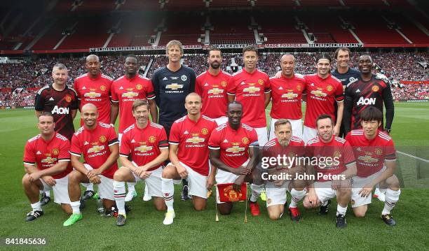 The Manchester United Legends team lines up ahead of the MU Foundation charity match between Manchester United Legends and Barcelona Legends at Old...