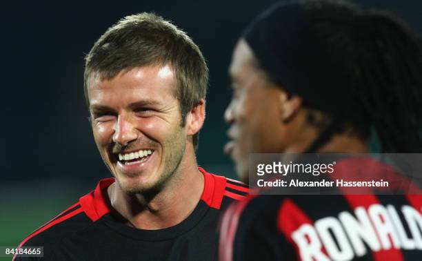David Beckham of Milan smiles after the Dubai Football Challenge match between AC Milan and Hamburger SV at the Emirates Sevens Stadium on January 6,...