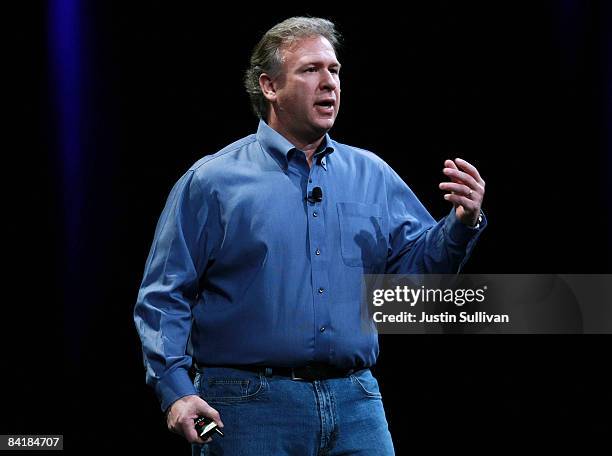 Apple Senior Vice President of Worldwide Marketing Phil Schiller delivers the keynote address during the MacWorld Conference January 6, 2009 at the...