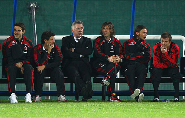 Kaka, Alexandre Pato, head coach Carlo Ancelotti, Andrea Pirlo, Marek Jankulowski and David Beckham of AC Milan watch the penalty shootout form the...