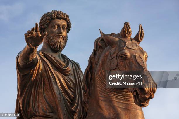 equestrian bronze statue of marcus aurelius - kaiser stock-fotos und bilder