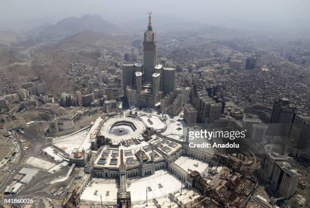 An aerial view photo shows Macca Royal Clock Tower Hotel near the Kaaba, Islam's holiest site, located in the center of the Masjid al-Haram during...