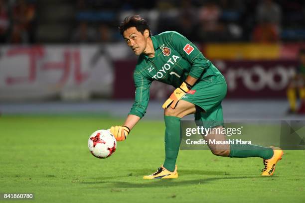 Seigo Narazaki of Nagoya Grampus in action during the J.League J2 match between Mito Hollyhock and Nagoya Grampus at K's Denki Stadium on September...