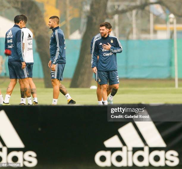 Lionel Messi looks on during a training session at 'Julio Humberto Grondona' training camp on September 02, 2017 in Ezeiza, Argentina.