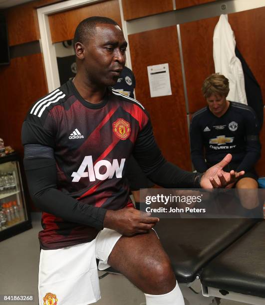 Player/Manager Andrew Cole of Manchester United Legends gives a team talk at halftime during the MU Foundation charity match between Manchester...