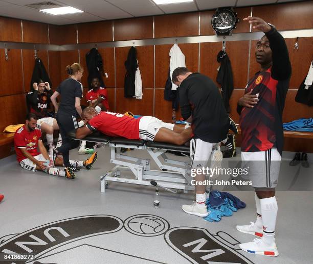 Player/Manager Andrew Cole of Manchester United Legends gives a team talk at halftime during the MU Foundation charity match between Manchester...