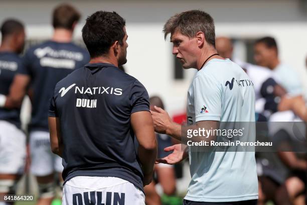 Racing 92 assistant coach Ronan O Gara talks with Brice Dulin before the Top 14 match between Agen v Racing 92 on September 2, 2017 in Agen, France.