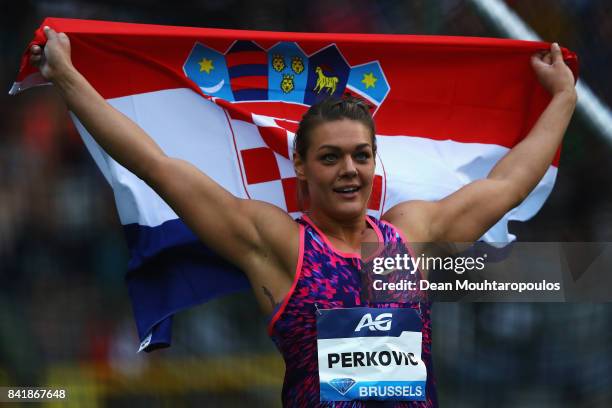 Sandra Perkovic of Croatia celebrates winning the Discus Throw Women during the AG Memorial Van Damme Brussels as part of the IAAF Diamond League...