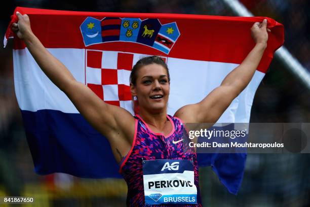 Sandra Perkovic of Croatia celebrates winning the Discus Throw Women during the AG Memorial Van Damme Brussels as part of the IAAF Diamond League...