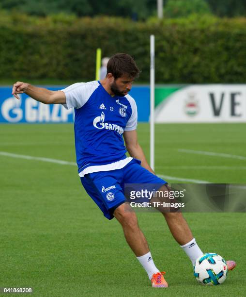 Coke of Schalke controls the ball during a training session at the FC Schalke 04 Training center on August 30, 2017 in Gelsenkirchen, Germany.