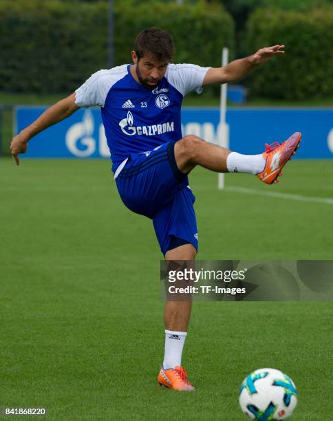 Coke of Schalke controls the ball during a training session at the FC Schalke 04 Training center on August 30, 2017 in Gelsenkirchen, Germany.