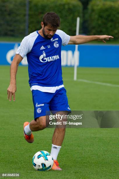 Coke of Schalke controls the ball during a training session at the FC Schalke 04 Training center on August 30, 2017 in Gelsenkirchen, Germany.