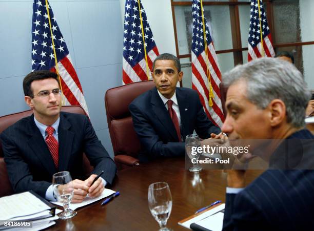 President-elect Barack Obama speaks as Peter Orszag, Director-designate, Office of Management and Budget and Rahm Emanuel, Chief of Staff-designate...