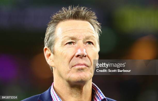 Storm coach Craig Bellamy looks on after the round 26 NRL match between the Melbourne Storm and the Canberra Raiders at AAMI Park on September 2,...