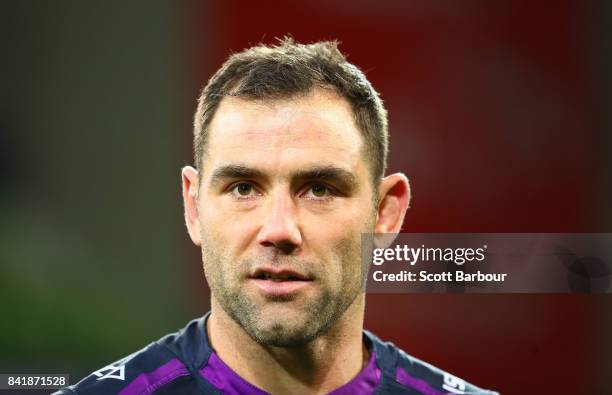 Cameron Smith of the Storm looks on during the round 26 NRL match between the Melbourne Storm and the Canberra Raiders at AAMI Park on September 2,...