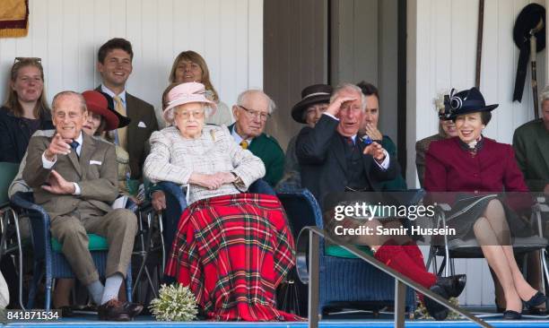 Prince Philip, Duke of Edinburgh, Queen Elizabeth II, Prince Charles, Prince of Wales and Princess Anne, Princess Royal attend the 2017 Braemar...