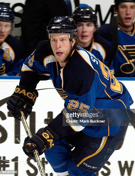 Yan Stastny of the St. Louis Blues skates against the Columbus Blue Jackets on January 3, 2009 at Scottrade Center in St. Louis, Missouri.