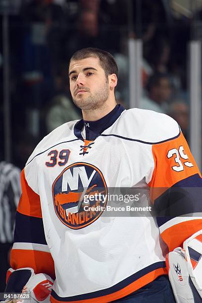 Goalie Rick DiPietro of the New York Islanders looks on before the game against the Toronto Maple Leafs on December 26, 2008 at the Nassau Coliseum...