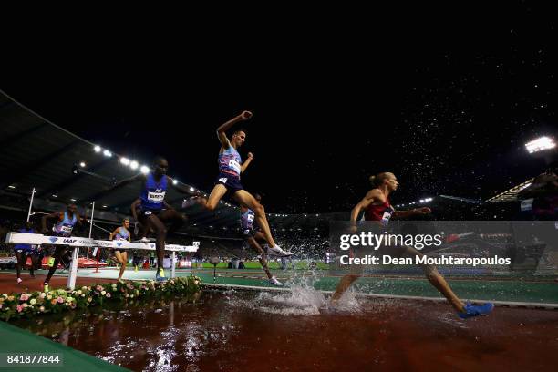 Evan Jager of the USA and Soufiane Elbakkali of Morocco compete in the 3000m Steeplechase Men Final during the AG Memorial Van Damme Brussels as part...