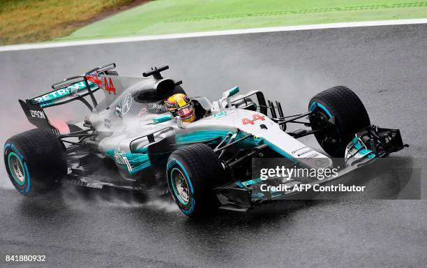 Mercedes' British driver Lewis Hamilton competes to win the pole position during the qualifying session at the Autodromo Nazionale circuit in Monza...