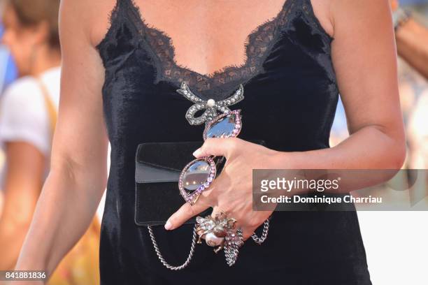 Isabella Ferrari, jewellery detail, walks the red carpet ahead of the 'Foxtrot' screening during the 74th Venice Film Festival at Sala Grande on...