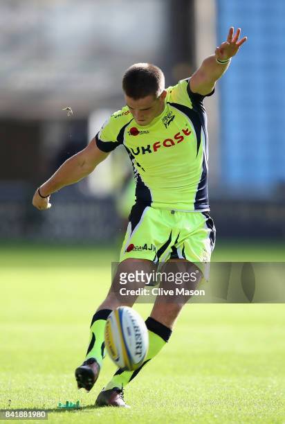 MacGinty of Sale Sharks in action during the Aviva Premiership match between Wasps and Sale Sharks at The Ricoh Arena on September 2, 2017 in...