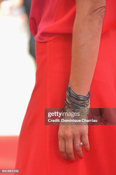 Carlotta Natoli, bracelet detail, walks the red carpet ahead of the 'Foxtrot' screening during the 74th Venice Film Festival at Sala Grande on...