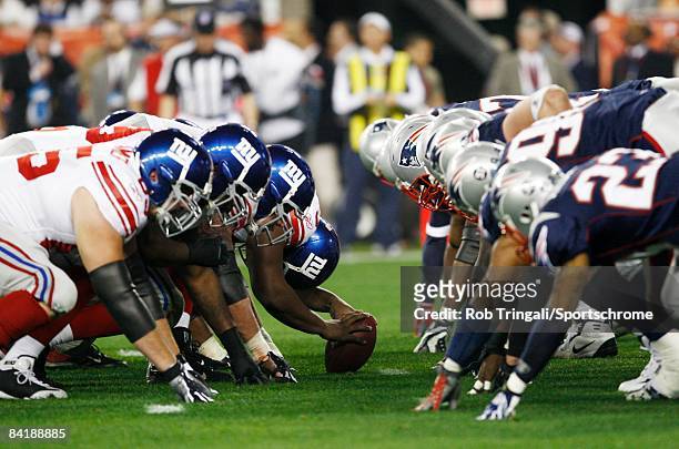 General view at the line of scrimmage before the snap during Super Bowl XLII between the New York Giants and the New England Patriots on February 3,...