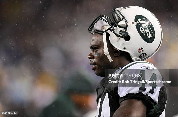 Defensive back James Ihedigbo of the New York Jets looks on against the Denver Broncos on November 30, 2008 at Giants Stadium in East Rutherford, New...