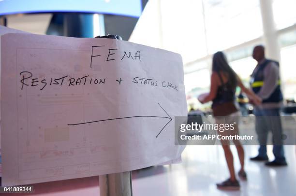 Sign for the Federal Emergency Management Agency registration is seen at the George R. Brown Convention Center which has been a shelter for evacuees...
