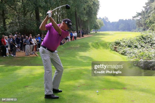 Mike Harwood of Australia in action during the second round of the Travis Perkins Senior Masters played on the Duke's Course at Woburn Golf Club on...