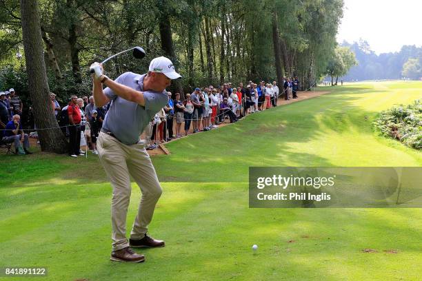 Greg Turner of New Zealand in action during the second round of the Travis Perkins Senior Masters played on the Duke's Course at Woburn Golf Club on...
