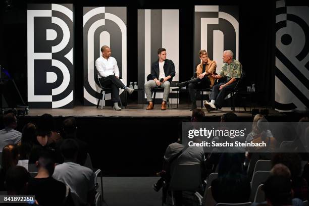 Patrice Bouedibela, Matt Enfield, Max Wallis and Gordon Richardson, creative director of Topman, speak at the Topman 'Modern Masculinity' talk during...